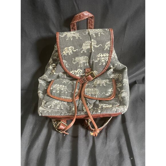 ELEPHANT PRINT BACKPACK, BLUE CANVAS, TAN FAUX LEATHER DETAIL, POCKETS - Picture 1 of 7